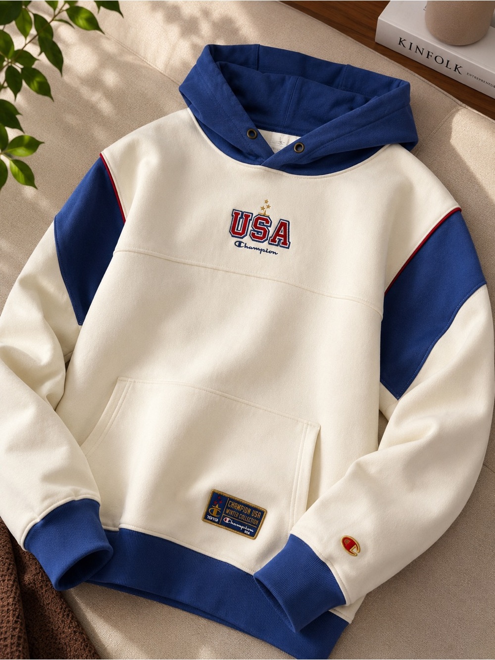 Champion USA Colorblock Pullover Hoodie in Cream and Blue
